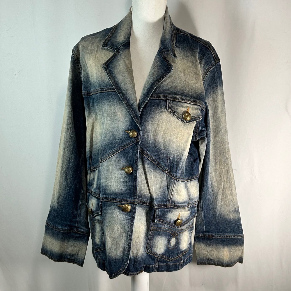 DG2 Diane Gilman Distressed Denim Jean Blazer Jacket Womens 1X Blue Gold Buttons